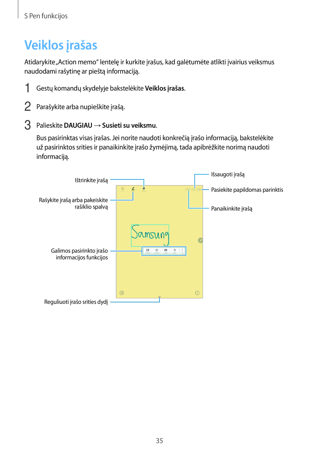 Samsung SM-P550NZKASEB, SM-T550NZWASEB, SM-T550NZKASEB manual Veiklos įrašas, Palieskite Daugiau →Susieti su veiksmu 