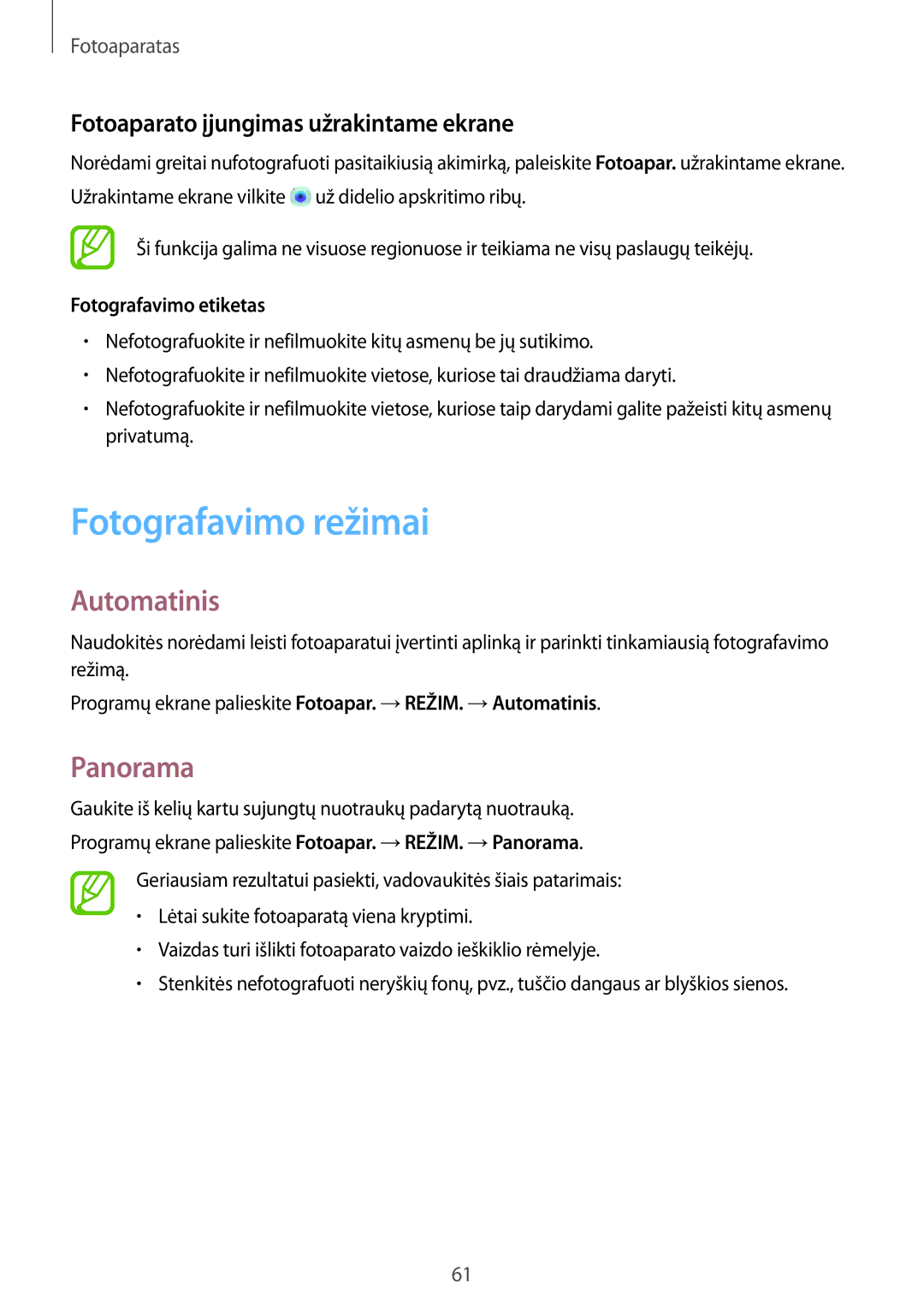 Samsung SM-T550NZKASEB manual Fotografavimo režimai, Automatinis, Panorama, Fotoaparato įjungimas užrakintame ekrane 