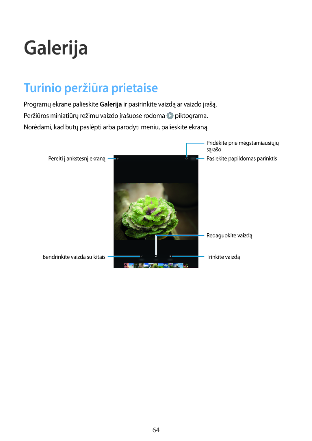 Samsung SM-T550NZKASEB, SM-T550NZWASEB, SM-P550NZKASEB manual Galerija, Turinio peržiūra prietaise 
