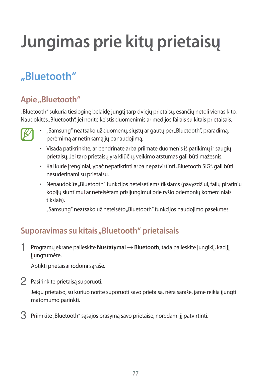 Samsung SM-P550NZKASEB manual Jungimas prie kitų prietaisų, Apie„Bluetooth, Suporavimas su kitais„Bluetooth prietaisais 