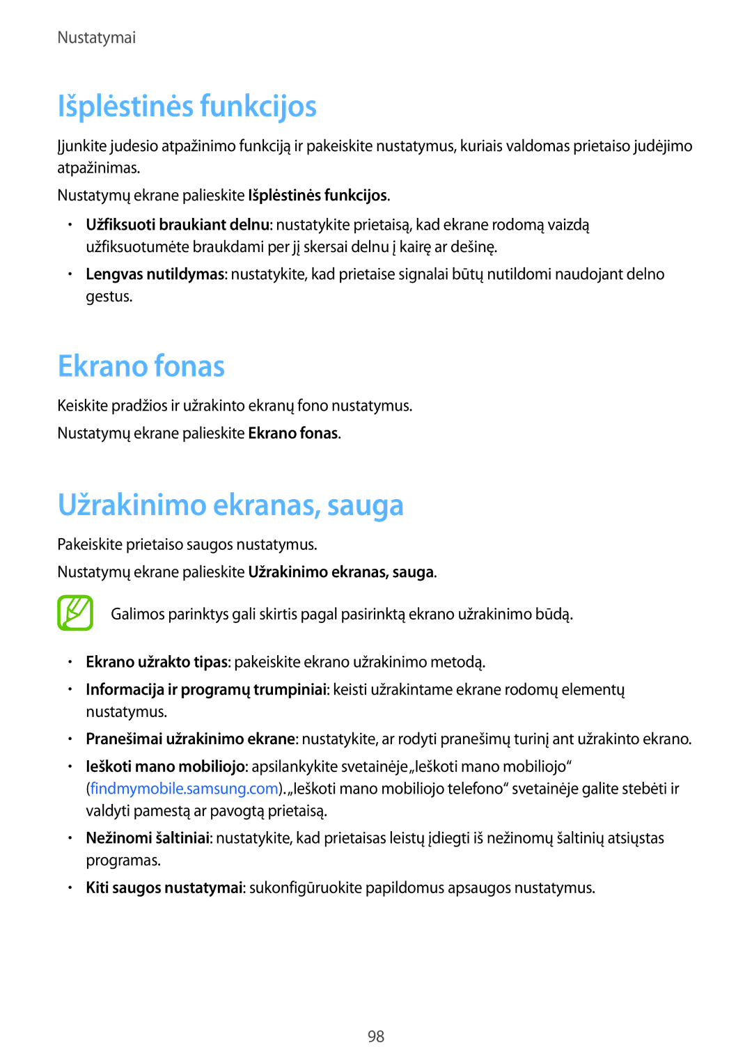 Samsung SM-P550NZKASEB, SM-T550NZWASEB, SM-T550NZKASEB manual Ekrano fonas, Užrakinimo ekranas, sauga 