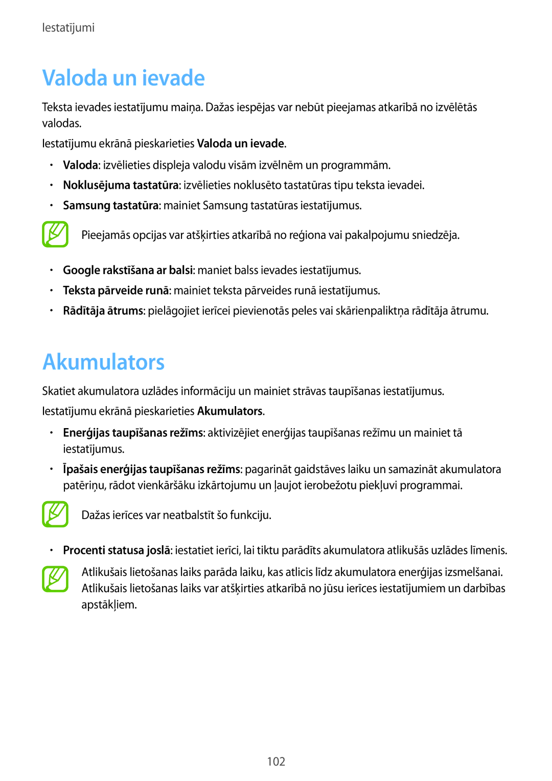 Samsung SM-T550NZWASEB, SM-T550NZKASEB, SM-P550NZKASEB manual Valoda un ievade, Akumulators 