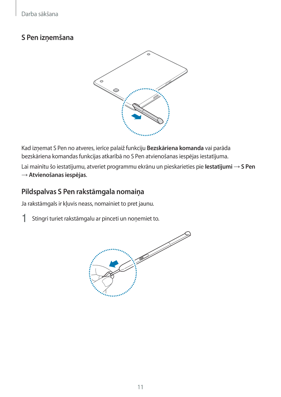 Samsung SM-P550NZKASEB, SM-T550NZWASEB manual Pen izņemšana, Pildspalvas S Pen rakstāmgala nomaiņa, → Atvienošanas iespējas 