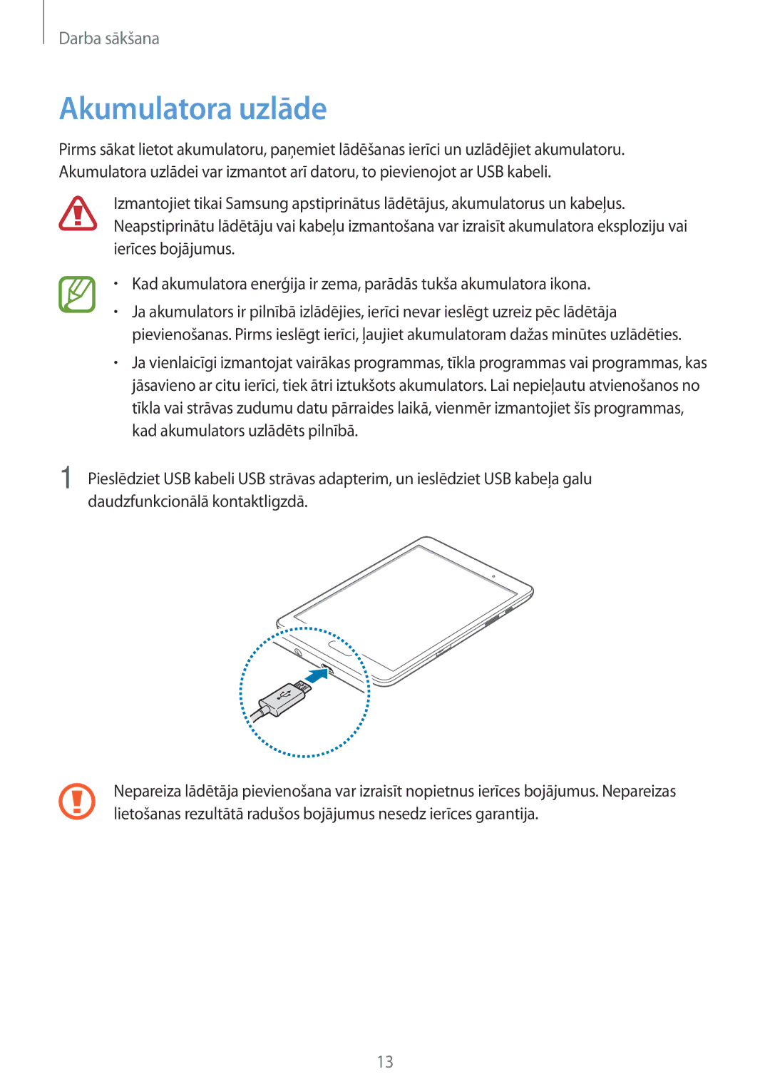 Samsung SM-T550NZKASEB, SM-T550NZWASEB, SM-P550NZKASEB manual Akumulatora uzlāde 