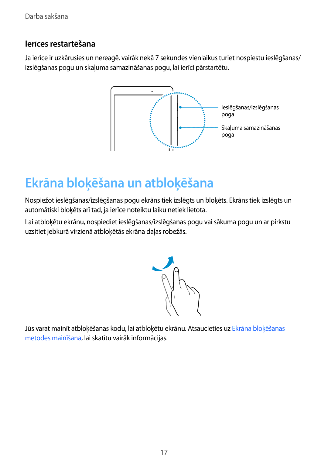 Samsung SM-P550NZKASEB, SM-T550NZWASEB, SM-T550NZKASEB manual Ekrāna bloķēšana un atbloķēšana, Ierīces restartēšana 