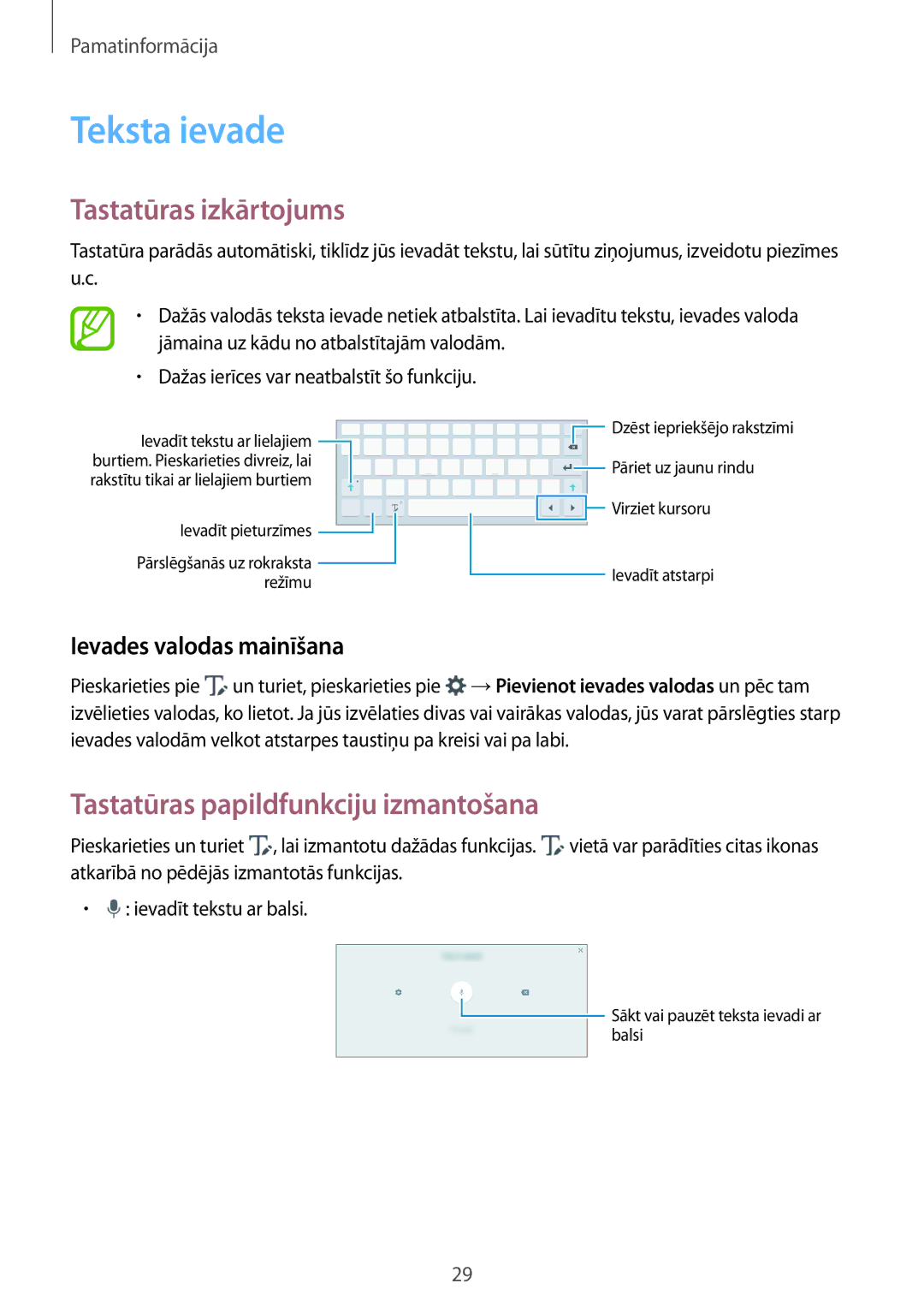 Samsung SM-P550NZKASEB, SM-T550NZWASEB manual Teksta ievade, Tastatūras izkārtojums, Tastatūras papildfunkciju izmantošana 