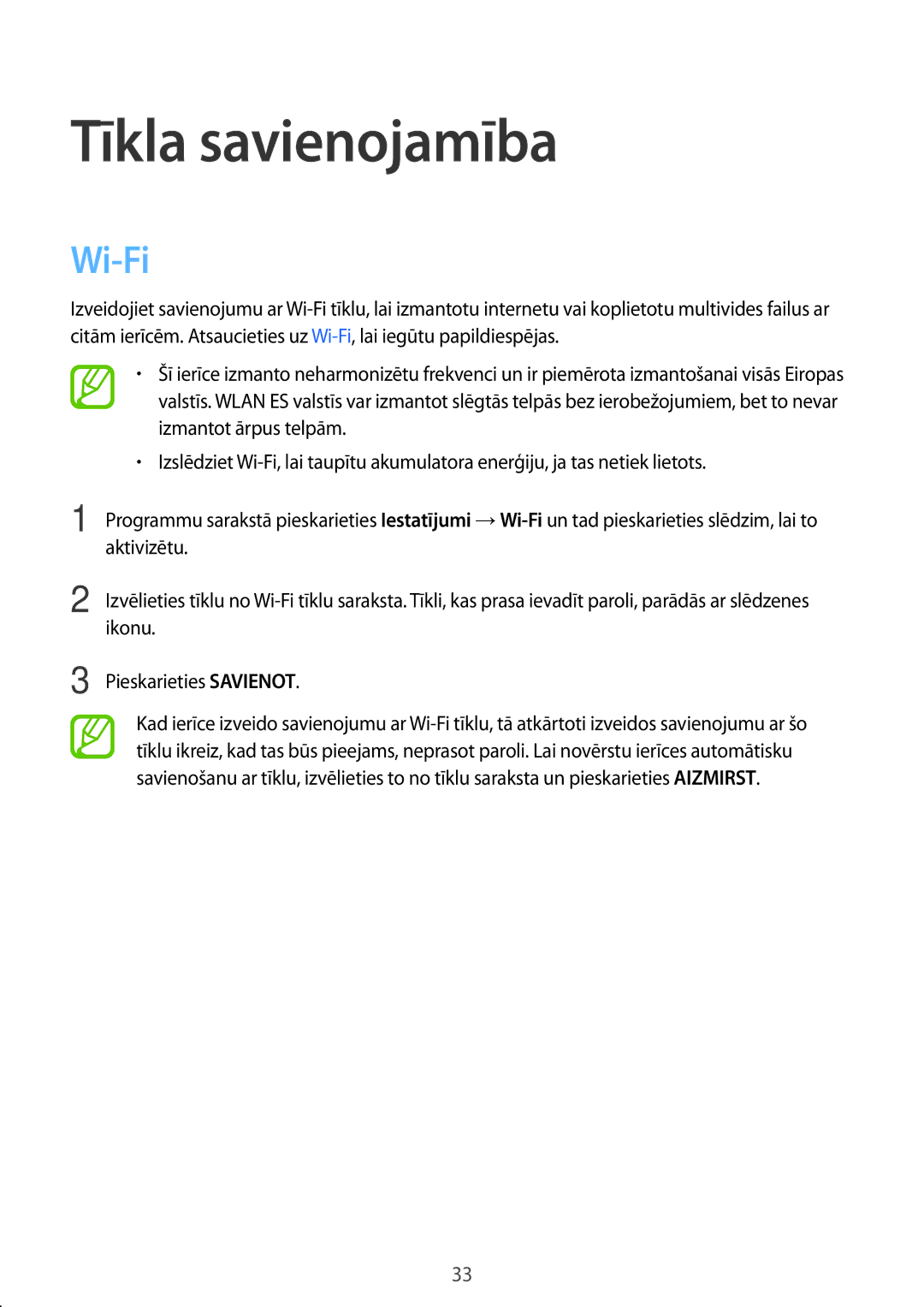 Samsung SM-T550NZWASEB, SM-T550NZKASEB, SM-P550NZKASEB manual Tīkla savienojamība, Wi-Fi 