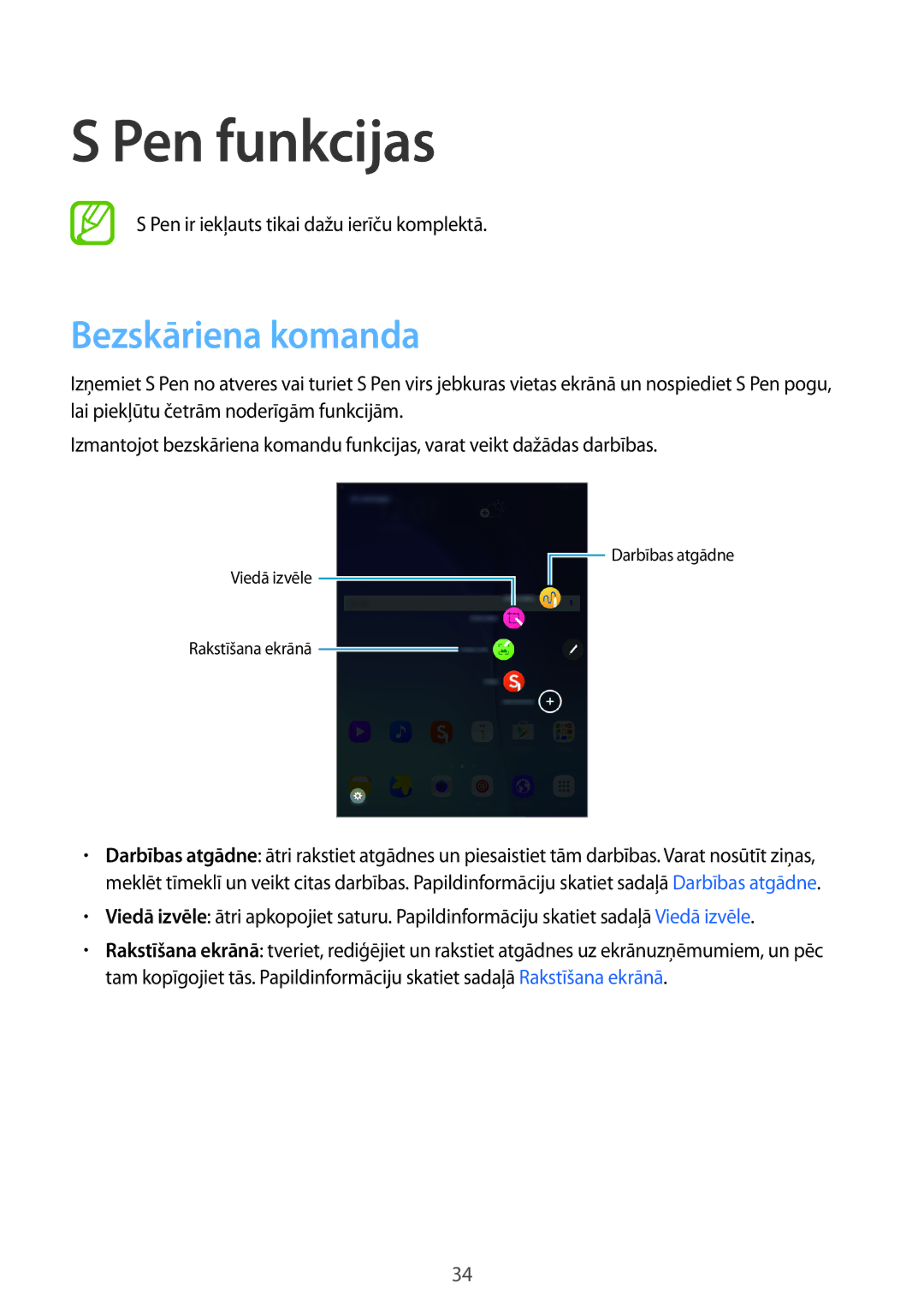 Samsung SM-T550NZKASEB, SM-T550NZWASEB, SM-P550NZKASEB manual Pen funkcijas, Bezskāriena komanda 