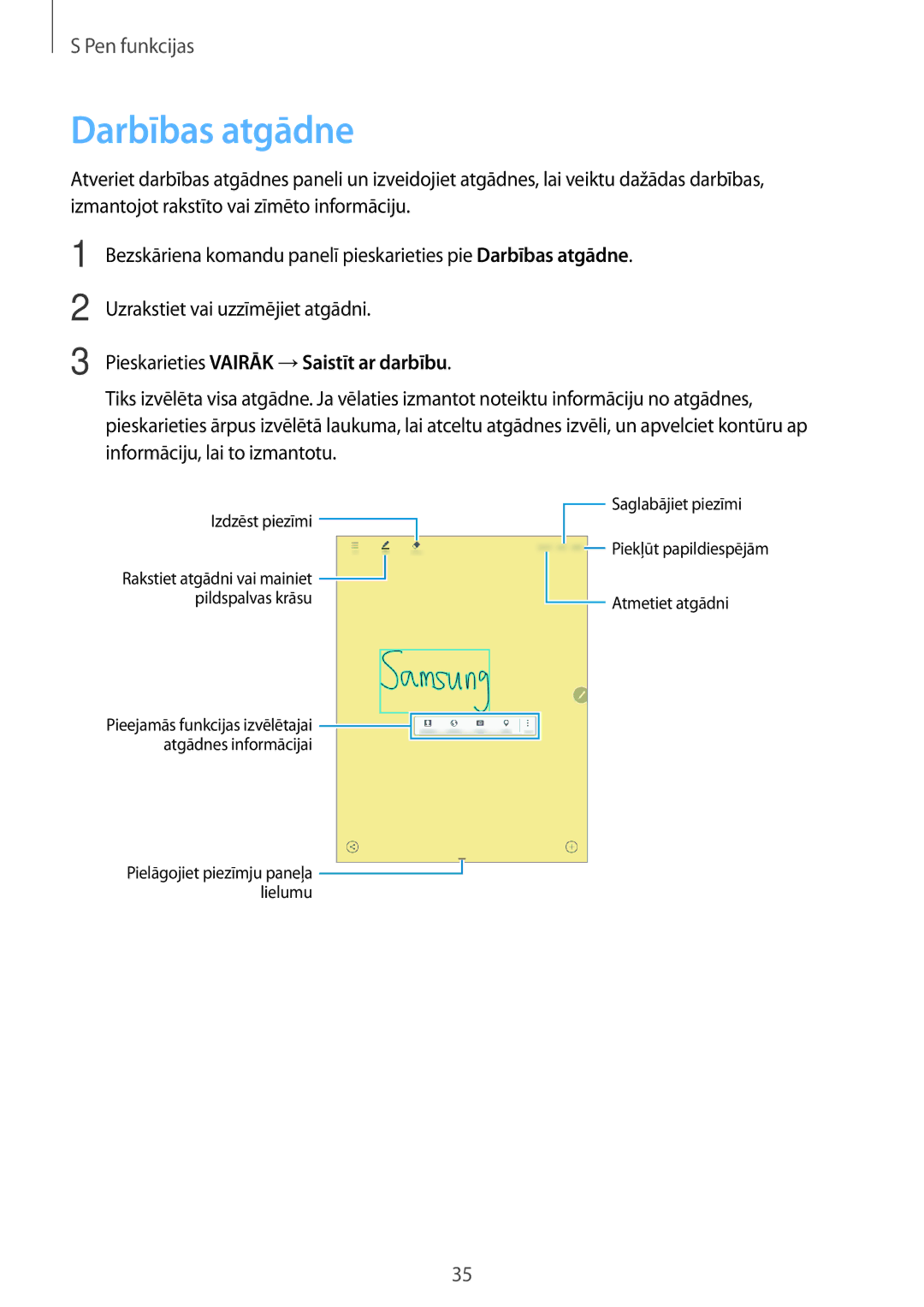 Samsung SM-P550NZKASEB, SM-T550NZWASEB, SM-T550NZKASEB manual Darbības atgādne, Pieskarieties Vairāk →Saistīt ar darbību 