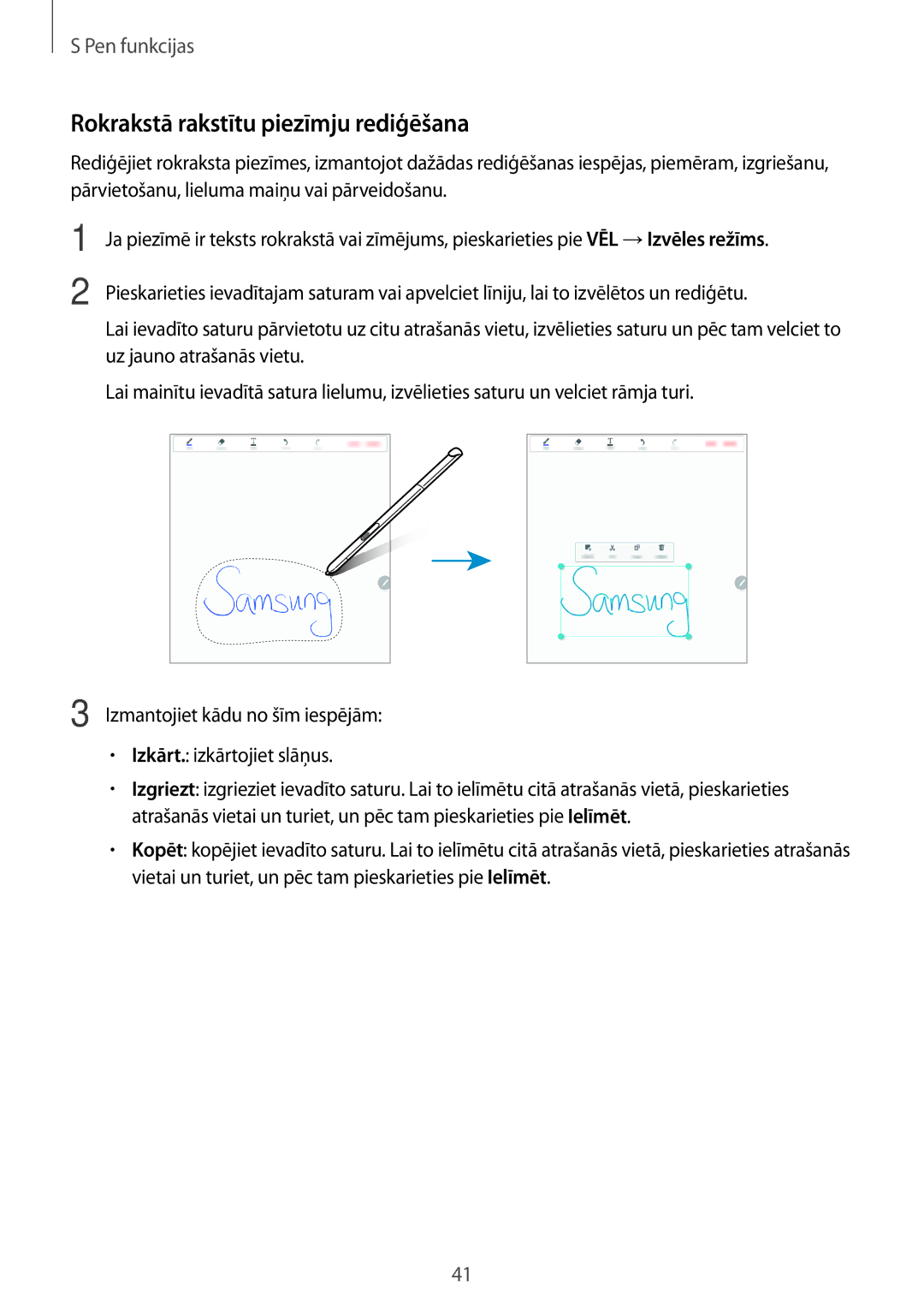 Samsung SM-P550NZKASEB, SM-T550NZWASEB, SM-T550NZKASEB manual Rokrakstā rakstītu piezīmju rediģēšana 