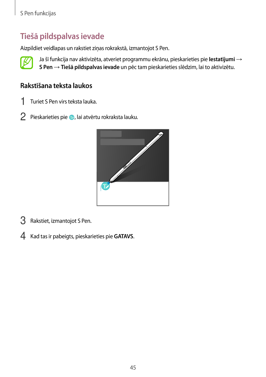 Samsung SM-T550NZWASEB, SM-T550NZKASEB, SM-P550NZKASEB manual Tiešā pildspalvas ievade, Rakstīšana teksta laukos 