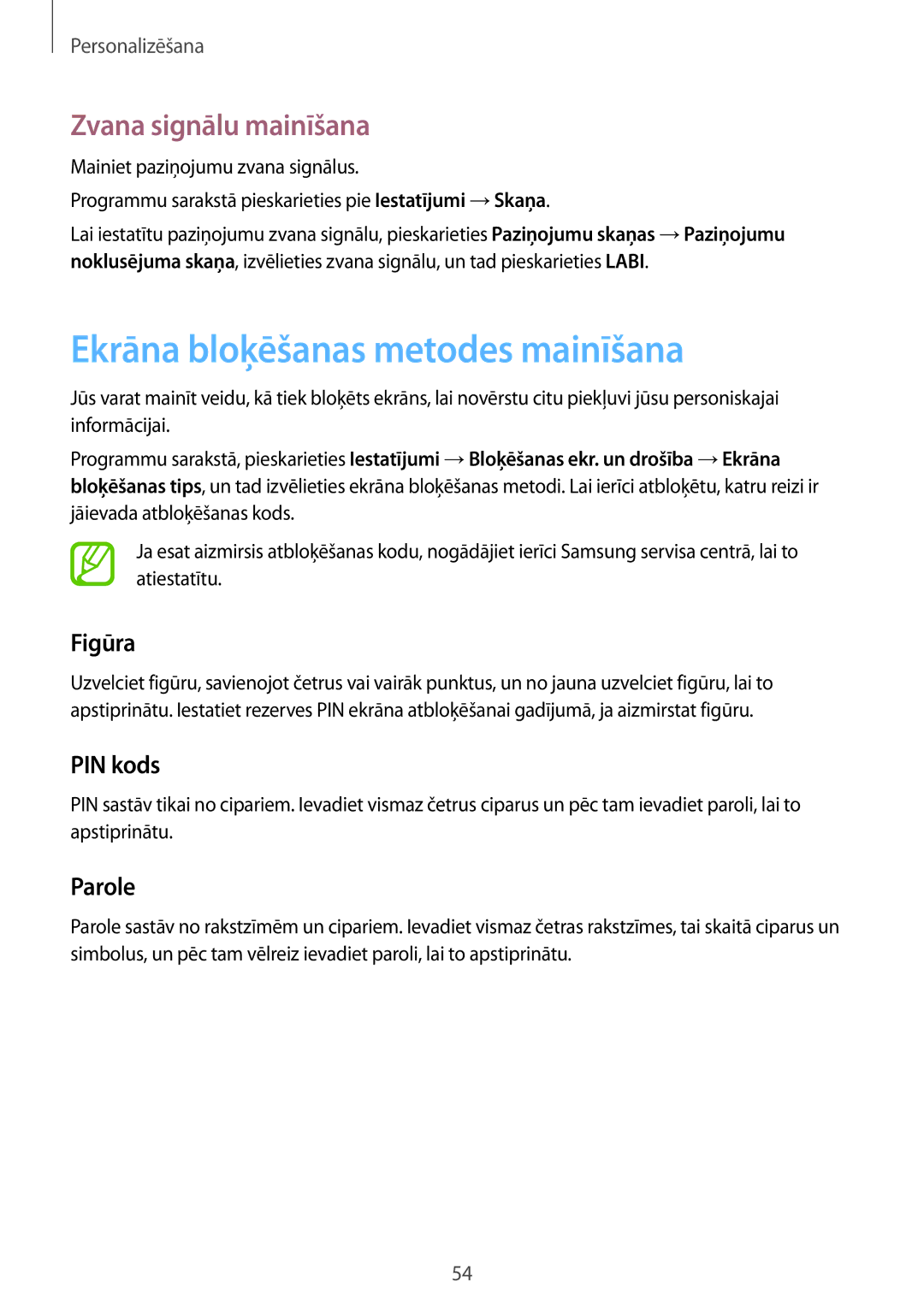 Samsung SM-T550NZWASEB manual Ekrāna bloķēšanas metodes mainīšana, Zvana signālu mainīšana, Figūra, PIN kods, Parole 