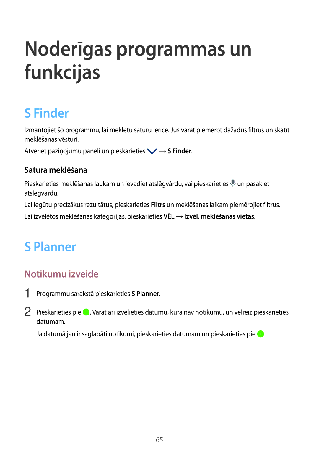 Samsung SM-P550NZKASEB, SM-T550NZWASEB, SM-T550NZKASEB manual Finder, Planner, Notikumu izveide, Satura meklēšana 