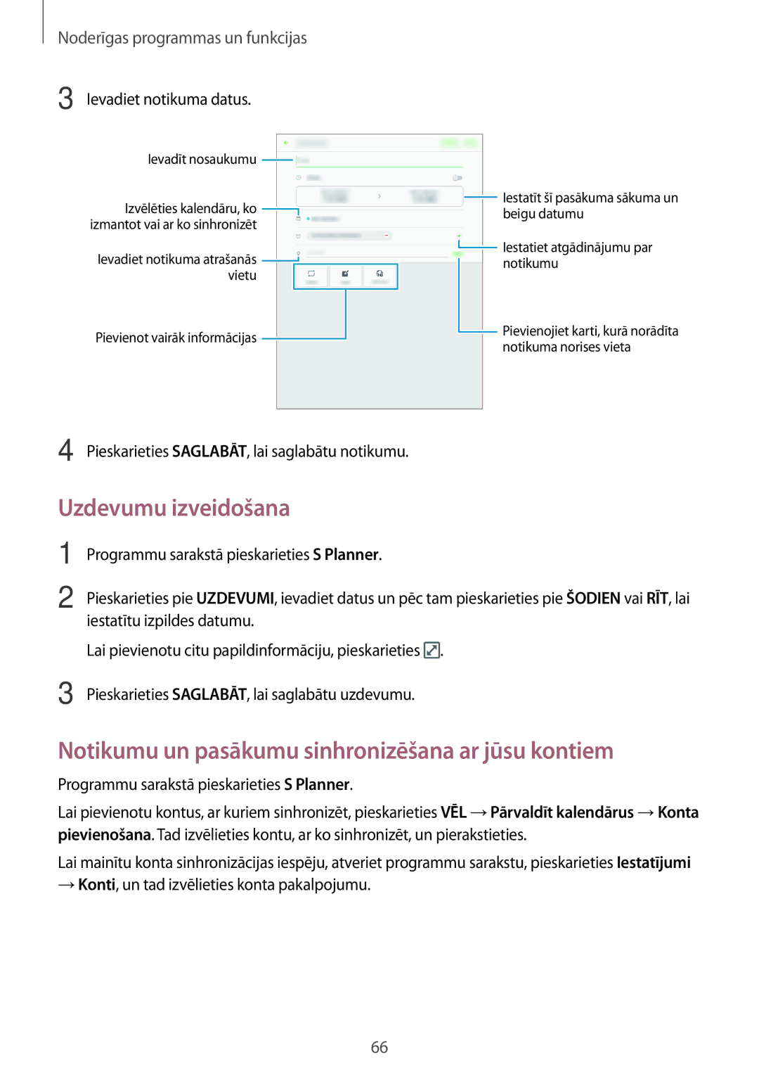 Samsung SM-T550NZWASEB, SM-T550NZKASEB manual Uzdevumu izveidošana, Notikumu un pasākumu sinhronizēšana ar jūsu kontiem 