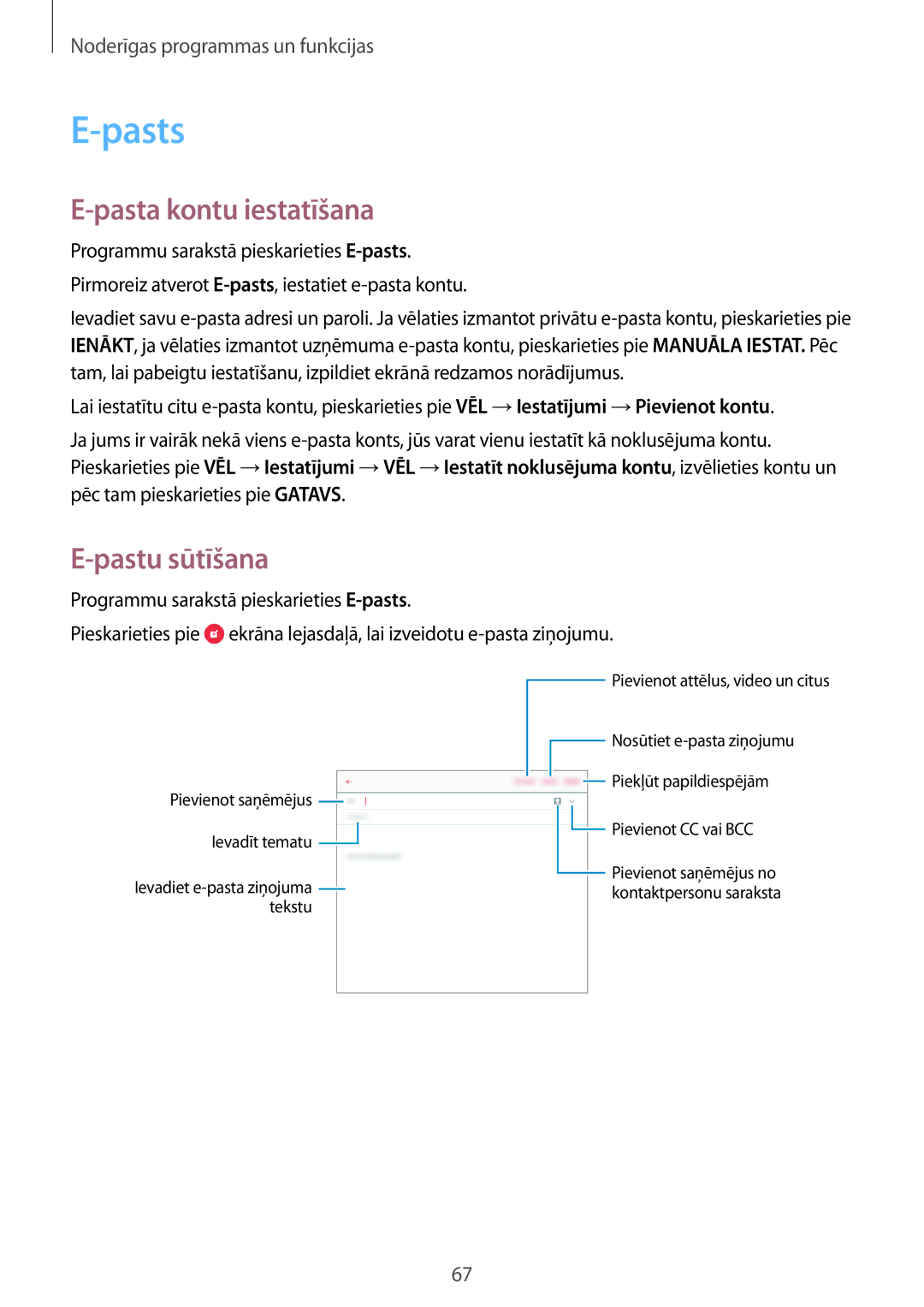 Samsung SM-T550NZKASEB, SM-T550NZWASEB, SM-P550NZKASEB manual Pasts, Pasta kontu iestatīšana, Pastu sūtīšana 