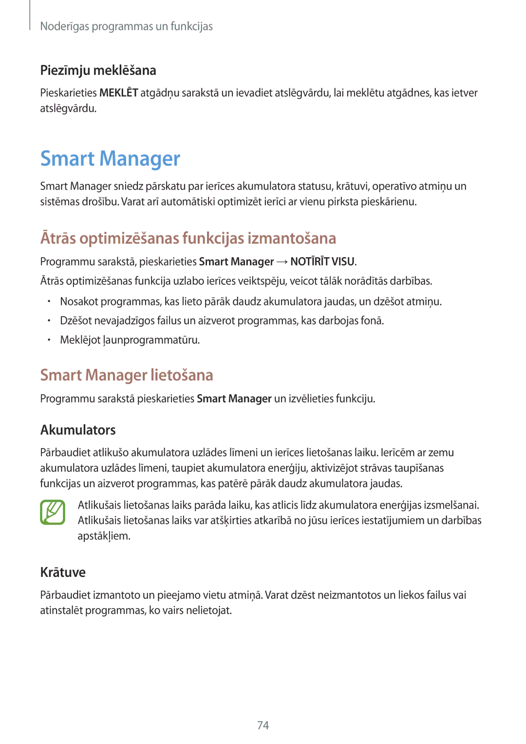 Samsung SM-P550NZKASEB, SM-T550NZWASEB manual Ātrās optimizēšanas funkcijas izmantošana, Smart Manager lietošana 