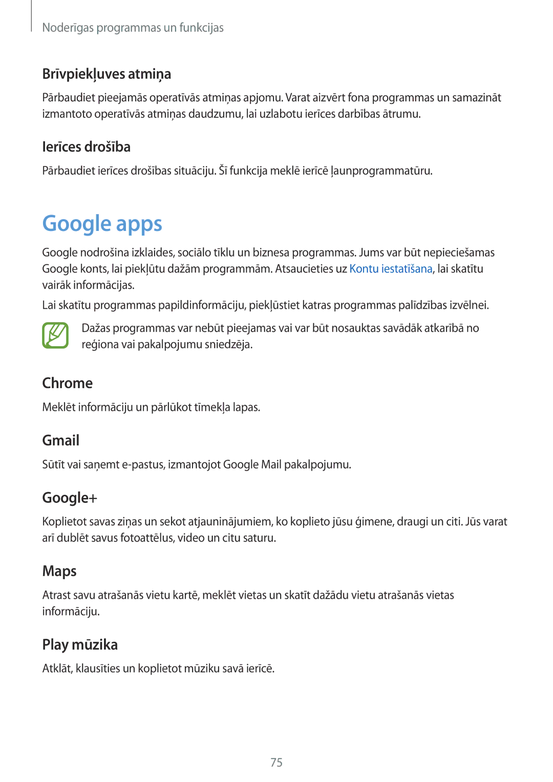 Samsung SM-T550NZWASEB, SM-T550NZKASEB, SM-P550NZKASEB manual Google apps, Brīvpiekļuves atmiņa, Ierīces drošība 