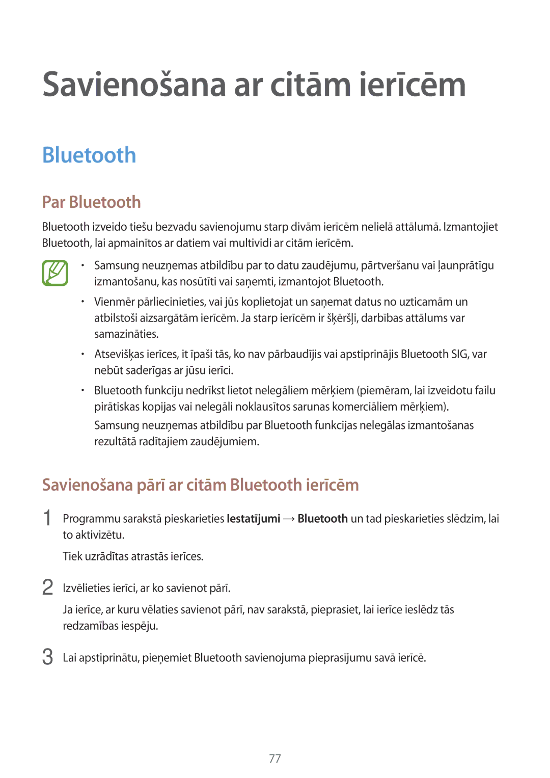 Samsung SM-P550NZKASEB, SM-T550NZWASEB, SM-T550NZKASEB manual Par Bluetooth, Savienošana pārī ar citām Bluetooth ierīcēm 