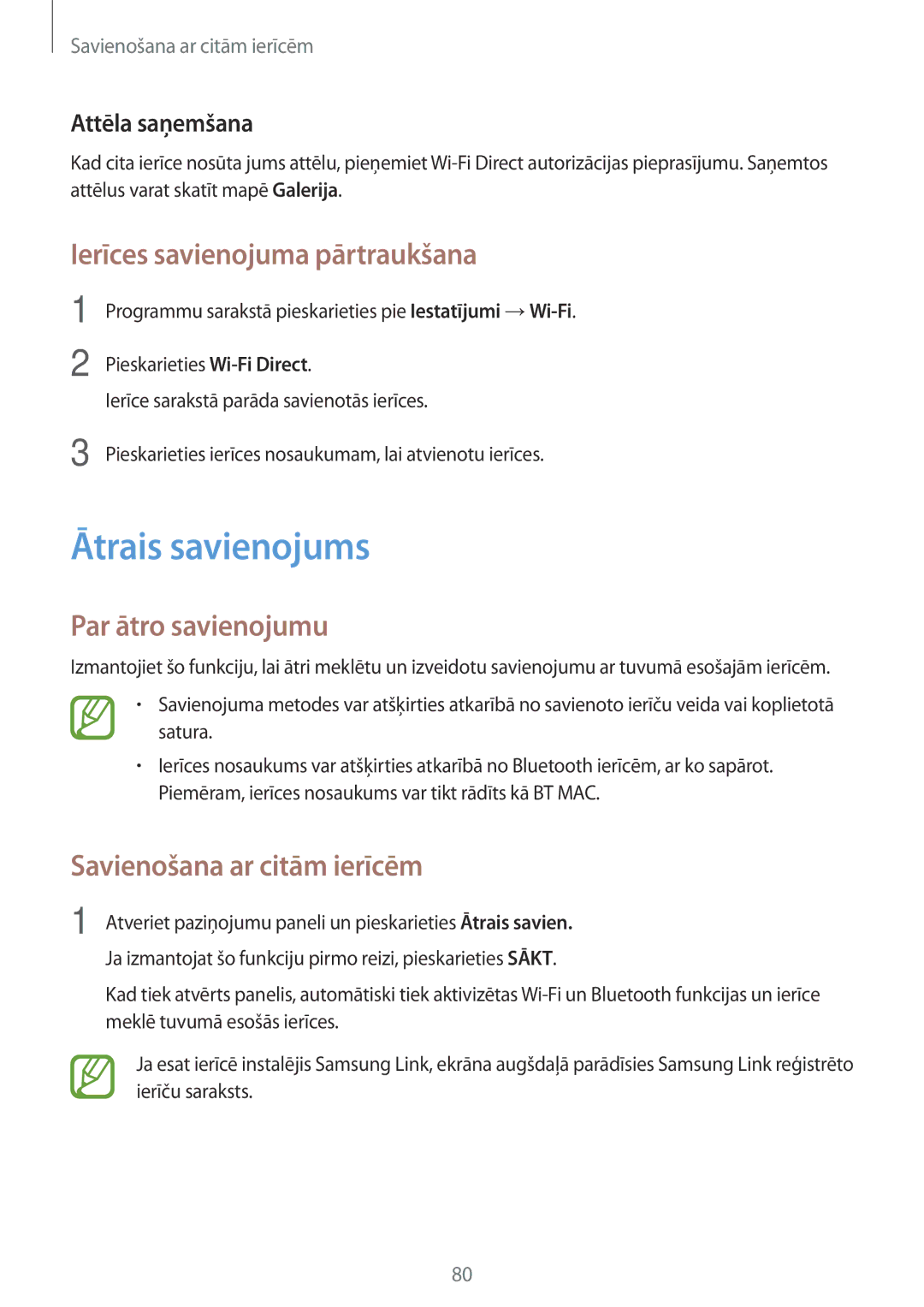 Samsung SM-P550NZKASEB, SM-T550NZWASEB manual Ātrais savienojums, Ierīces savienojuma pārtraukšana, Par ātro savienojumu 