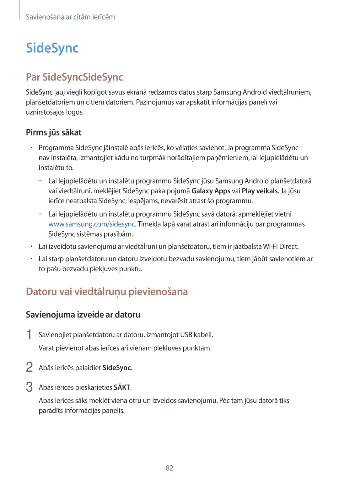 Samsung SM-T550NZKASEB, SM-T550NZWASEB manual Par SideSyncSideSync, Datoru vai viedtālruņu pievienošana, Pirms jūs sākat 