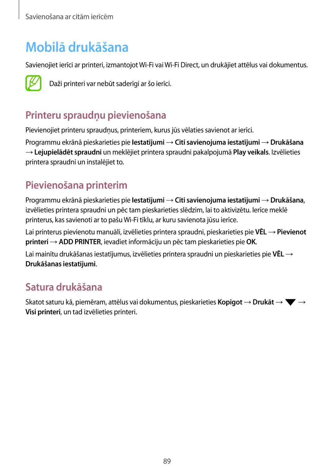 Samsung SM-P550NZKASEB manual Mobilā drukāšana, Printeru spraudņu pievienošana, Pievienošana printerim, Satura drukāšana 