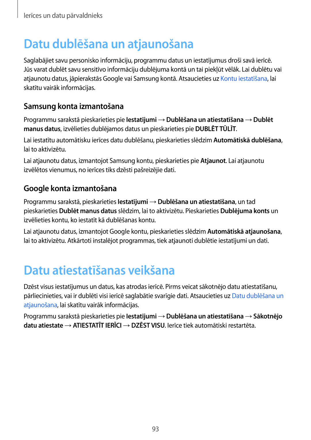 Samsung SM-T550NZWASEB manual Datu dublēšana un atjaunošana, Datu atiestatīšanas veikšana, Samsung konta izmantošana 