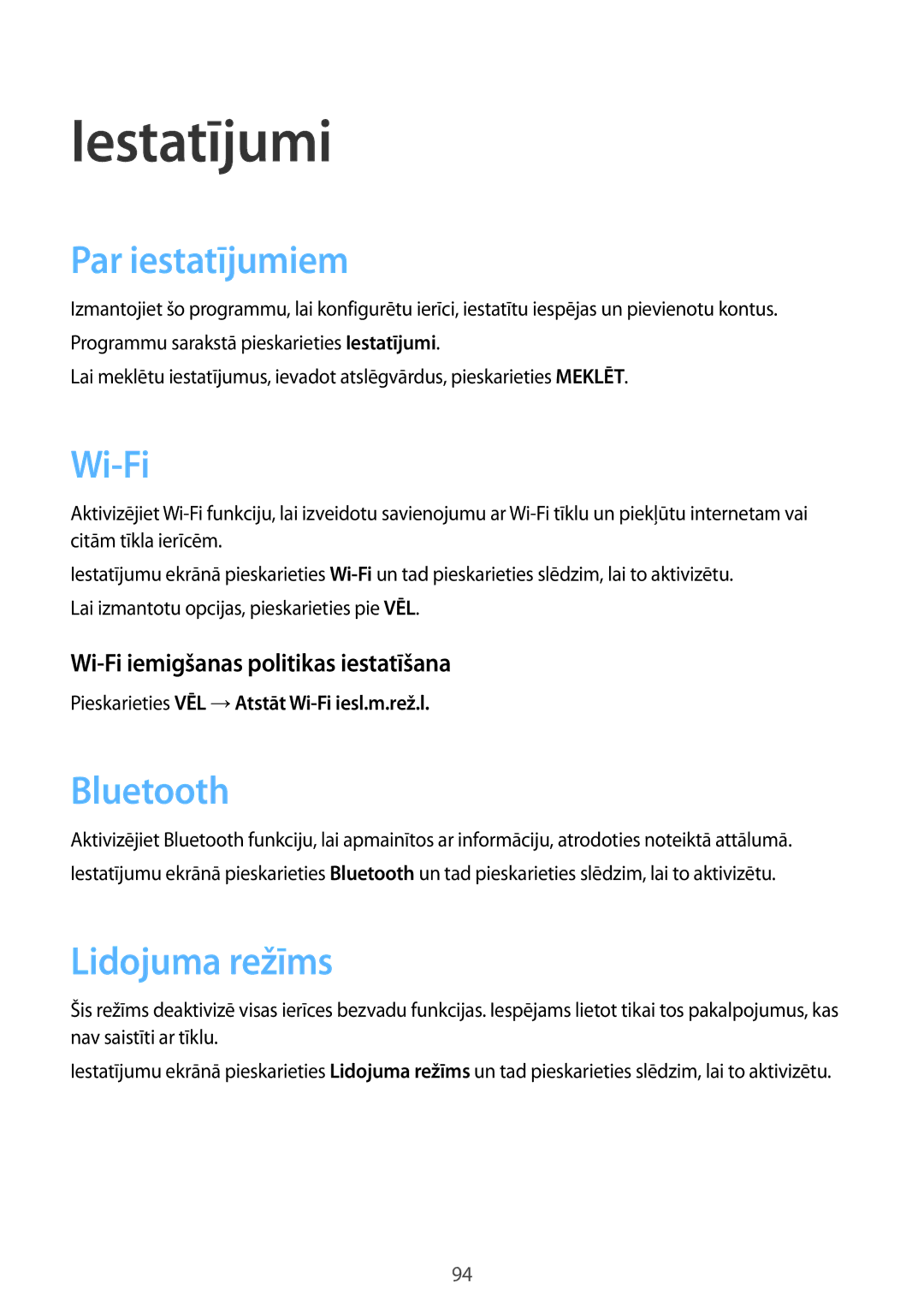 Samsung SM-T550NZKASEB manual Iestatījumi, Par iestatījumiem, Lidojuma režīms, Wi-Fi iemigšanas politikas iestatīšana 