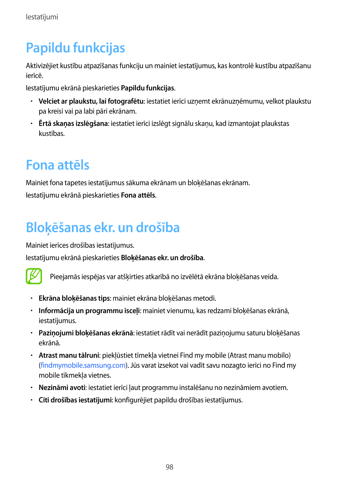 Samsung SM-P550NZKASEB, SM-T550NZWASEB, SM-T550NZKASEB manual Fona attēls, Bloķēšanas ekr. un drošība 