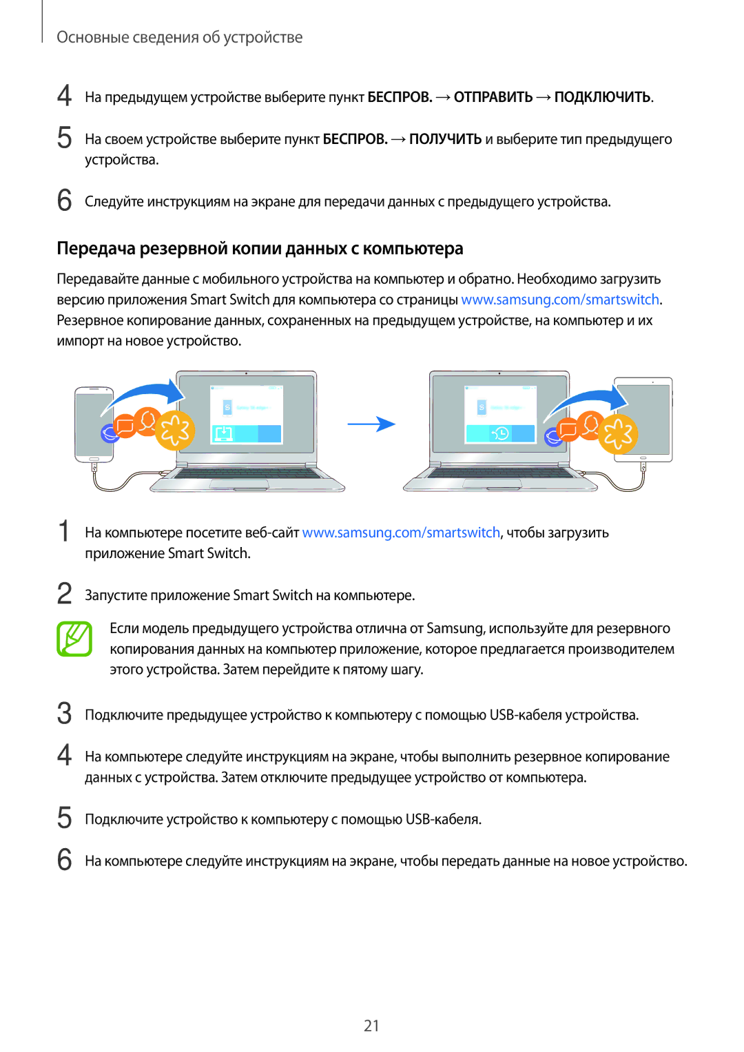 Samsung SM-T550NZWASER manual Передача резервной копии данных с компьютера, Запустите приложение Smart Switch на компьютере 