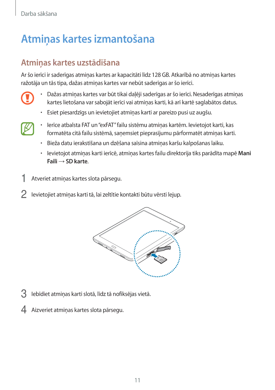 Samsung SM-T550NZKASEB, SM-T550NZWASEB manual Atmiņas kartes izmantošana, Atmiņas kartes uzstādīšana 