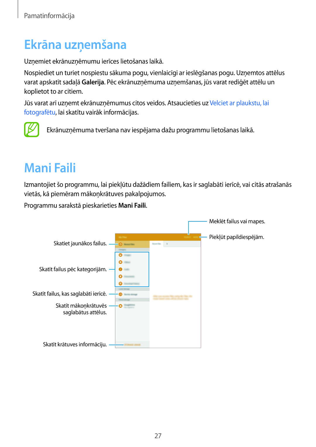 Samsung SM-T550NZKASEB, SM-T550NZWASEB manual Ekrāna uzņemšana, Mani Faili 