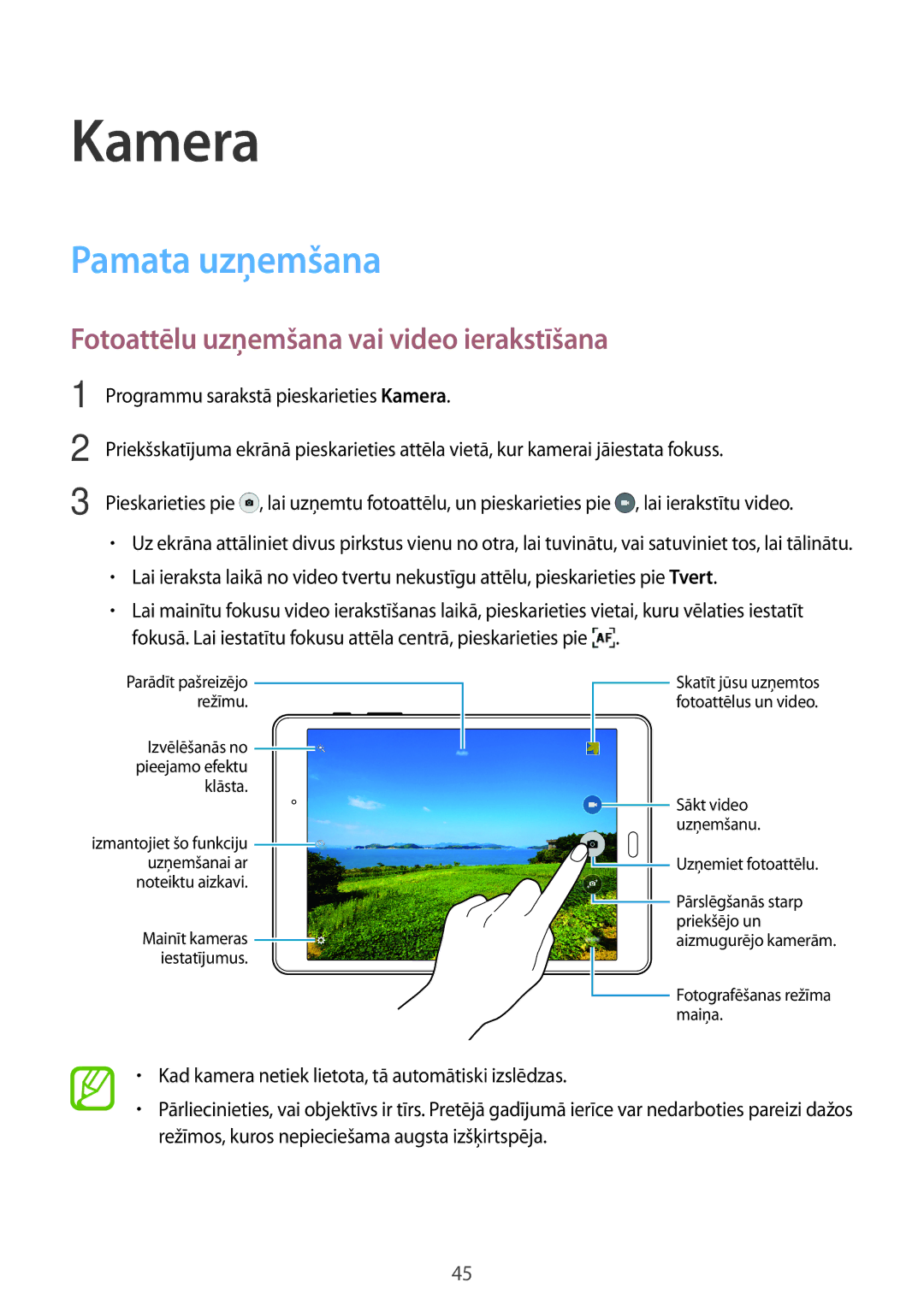 Samsung SM-T550NZKASEB, SM-T550NZWASEB manual Kamera, Pamata uzņemšana, Fotoattēlu uzņemšana vai video ierakstīšana 