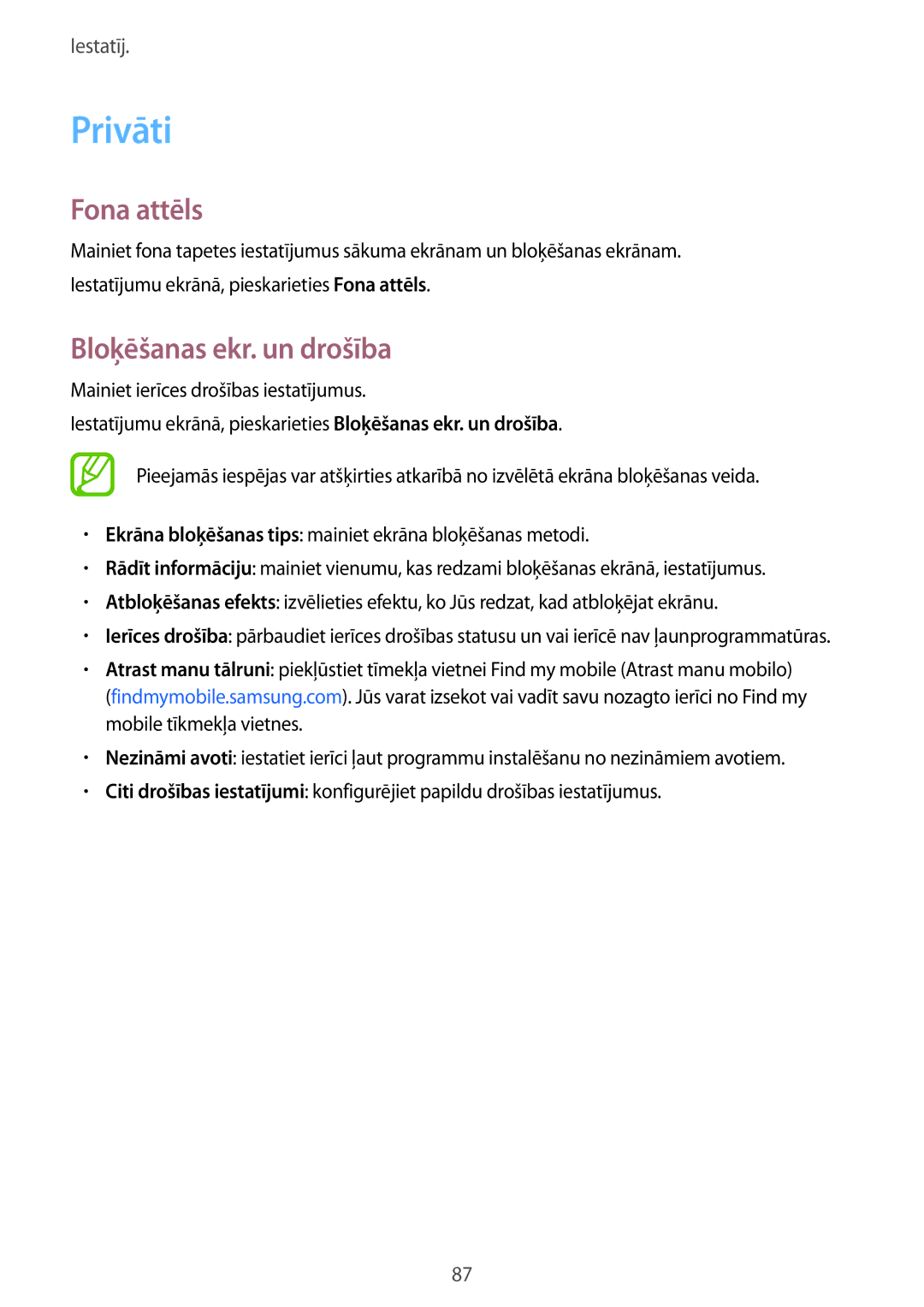 Samsung SM-T550NZKASEB, SM-T550NZWASEB manual Privāti, Fona attēls, Bloķēšanas ekr. un drošība 
