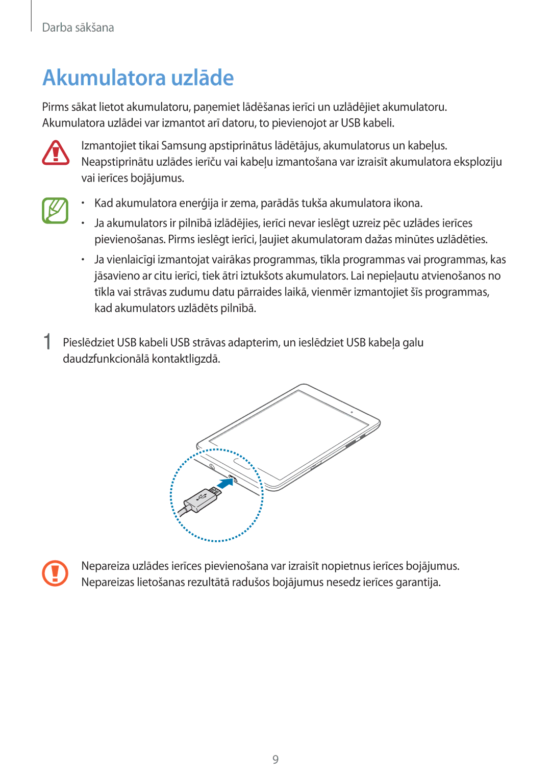 Samsung SM-T550NZKASEB, SM-T550NZWASEB manual Akumulatora uzlāde 