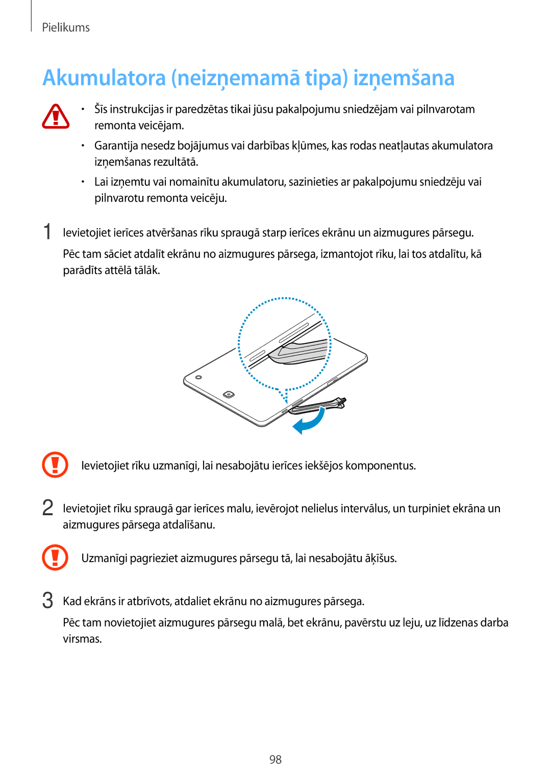 Samsung SM-T550NZWASEB, SM-T550NZKASEB manual Akumulatora neizņemamā tipa izņemšana 