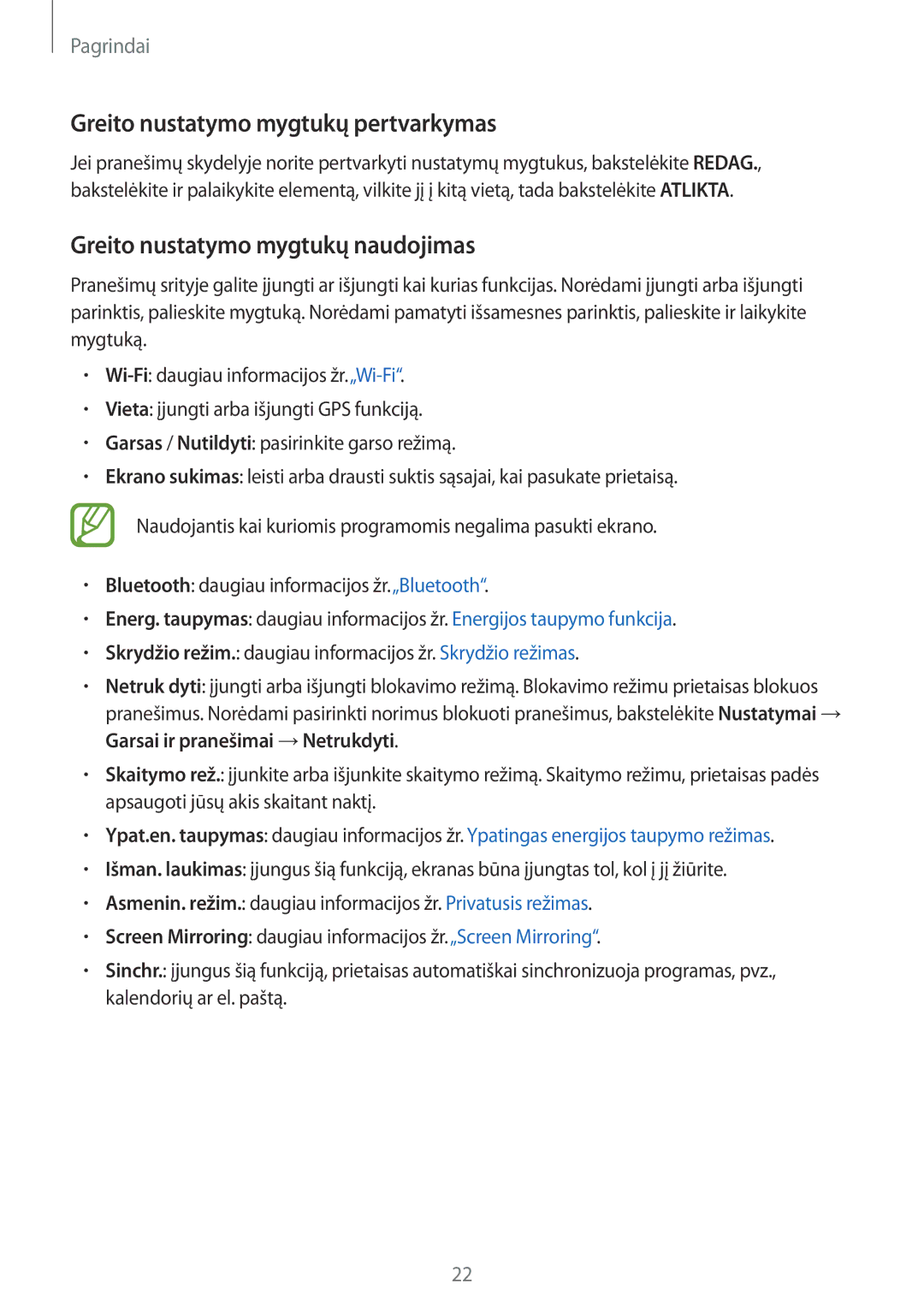 Samsung SM-T550NZWASEB, SM-T550NZKASEB manual Greito nustatymo mygtukų pertvarkymas, Greito nustatymo mygtukų naudojimas 