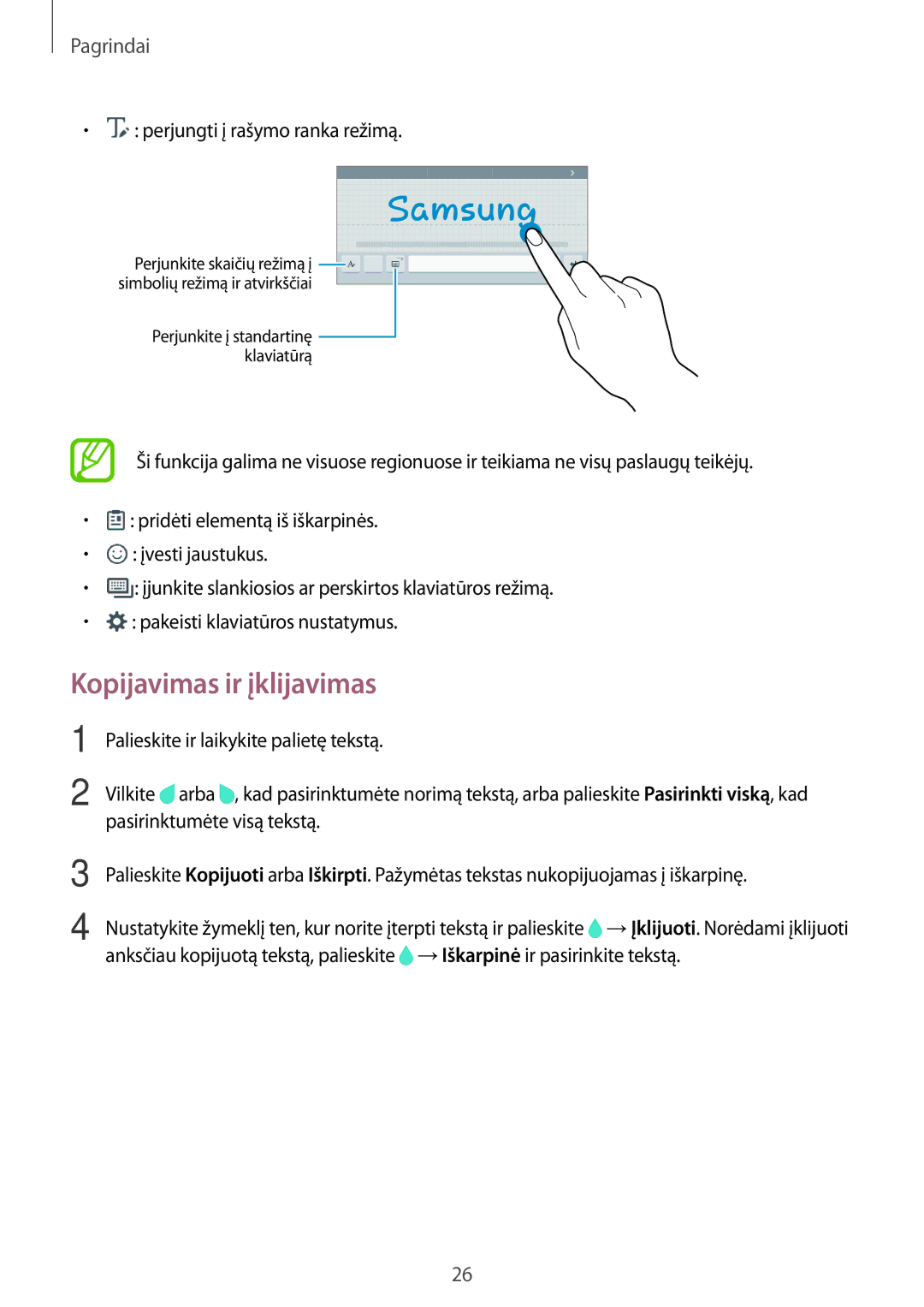 Samsung SM-T550NZWASEB, SM-T550NZKASEB manual Kopijavimas ir įklijavimas, Perjungti į rašymo ranka režimą 