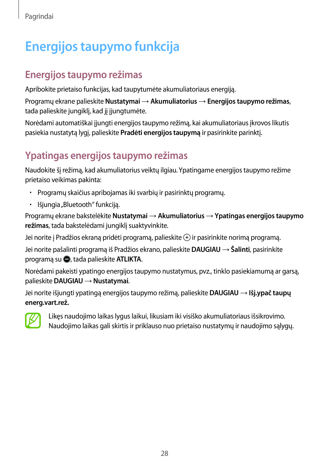 Samsung SM-T550NZWASEB manual Energijos taupymo funkcija, Energijos taupymo režimas, Ypatingas energijos taupymo režimas 