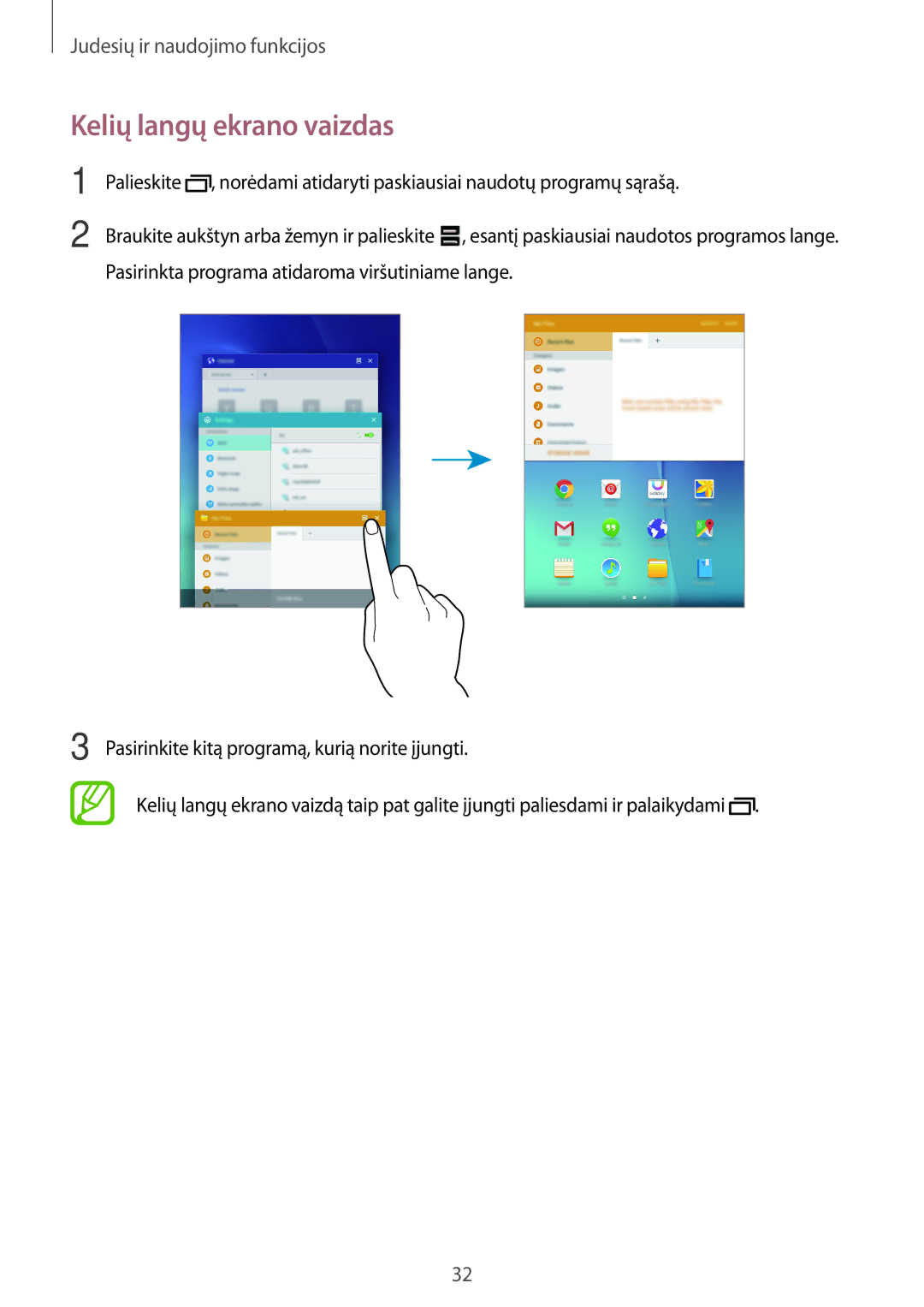 Samsung SM-T550NZWASEB, SM-T550NZKASEB manual Kelių langų ekrano vaizdas 