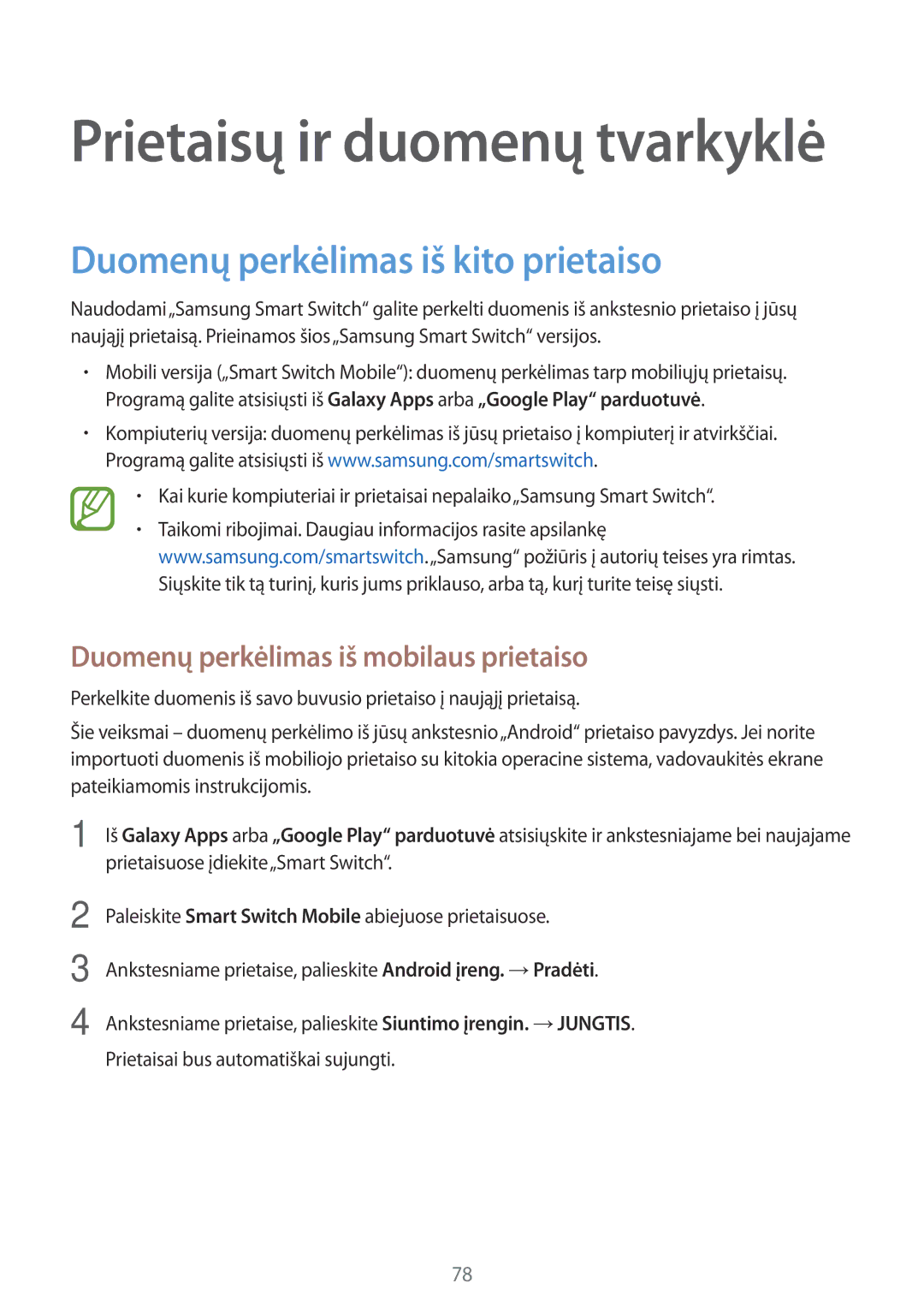 Samsung SM-T550NZWASEB, SM-T550NZKASEB manual Duomenų perkėlimas iš kito prietaiso, Duomenų perkėlimas iš mobilaus prietaiso 