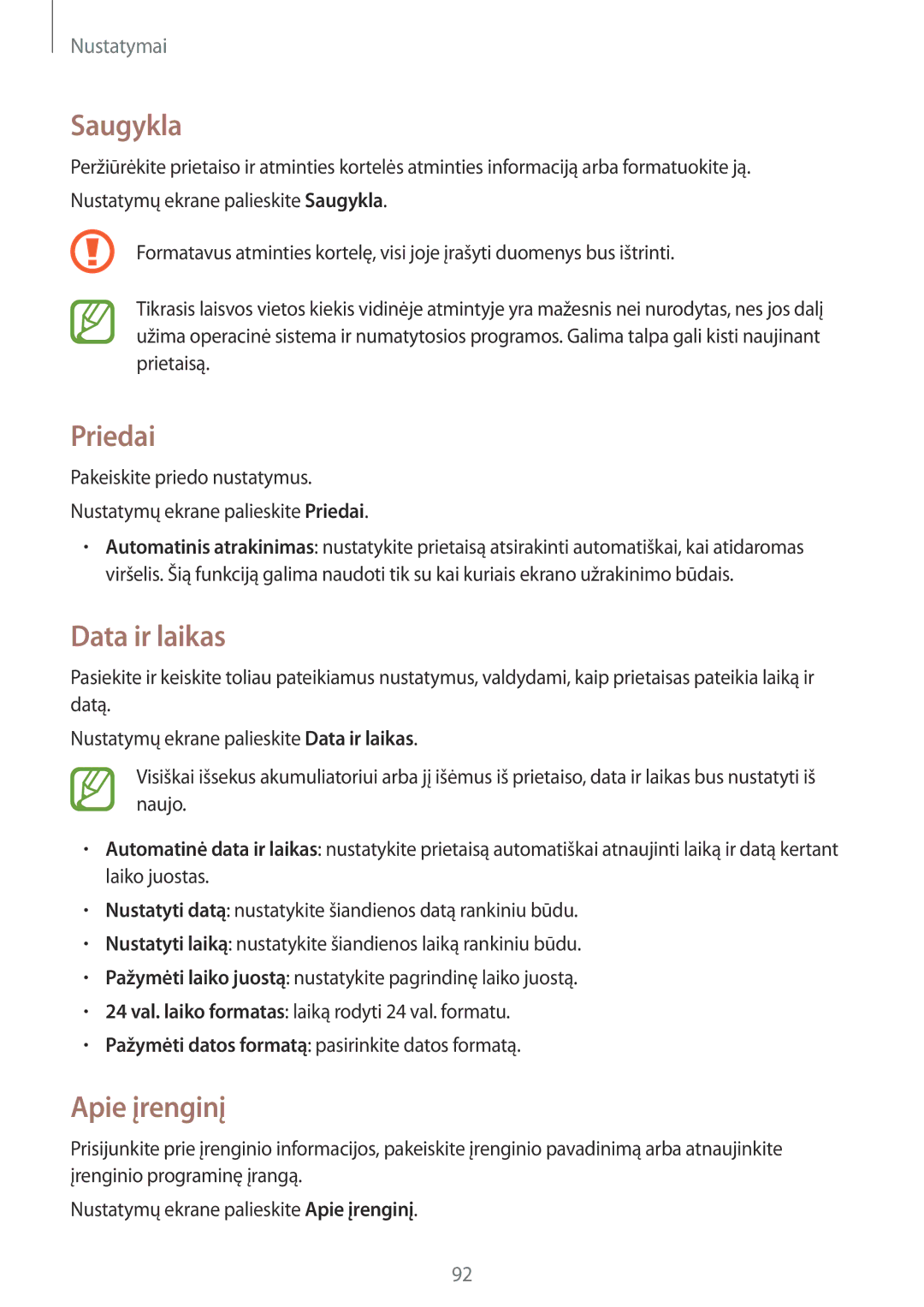 Samsung SM-T550NZWASEB, SM-T550NZKASEB manual Saugykla, Priedai, Data ir laikas, Apie įrenginį 