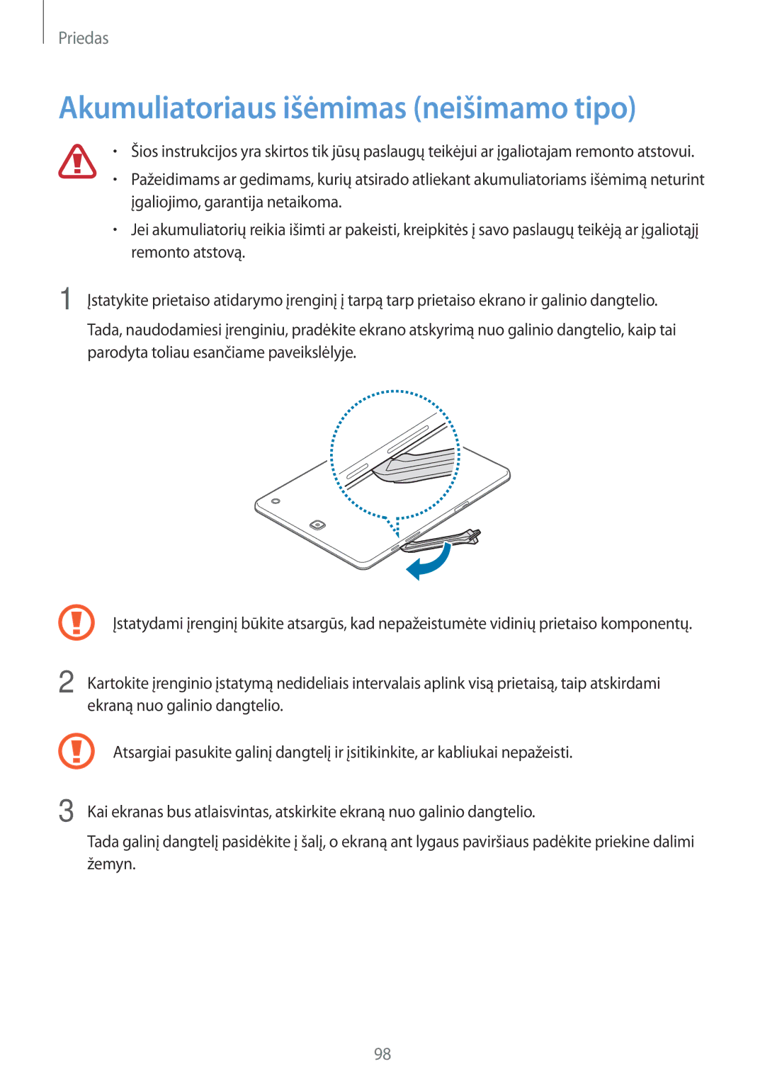 Samsung SM-T550NZWASEB, SM-T550NZKASEB manual Akumuliatoriaus išėmimas neišimamo tipo 