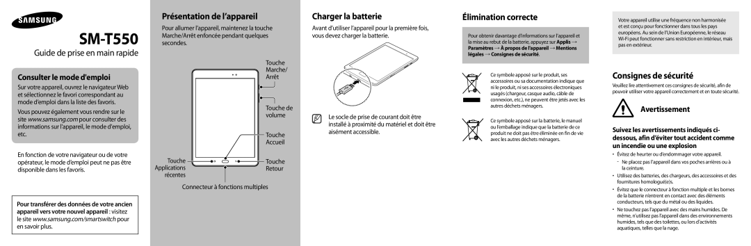 Samsung SM-T550NZWAXEF manual Présentation de l’appareil, Charger la batterie, Élimination correcte, Consignes de sécurité 