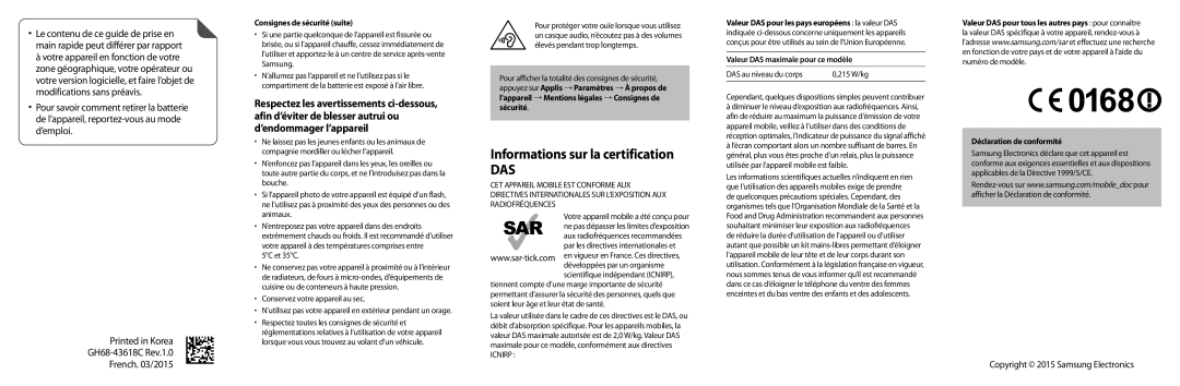 Samsung SM-T550NZKAXEF Informations sur la certification, Consignes de sécurité suite, Valeur DAS maximale pour ce modèle 