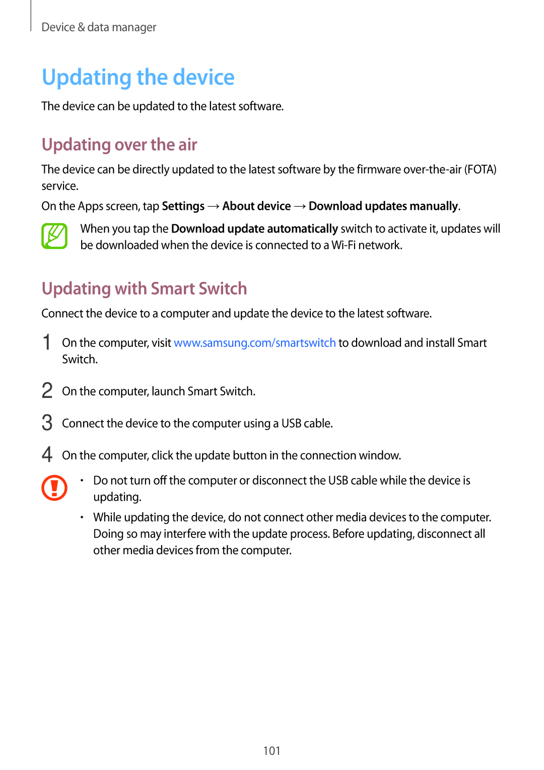 Samsung SM-T555NZBAKSA, SM-T555NZAAKSA manual Updating the device, Updating over the air, Updating with Smart Switch 