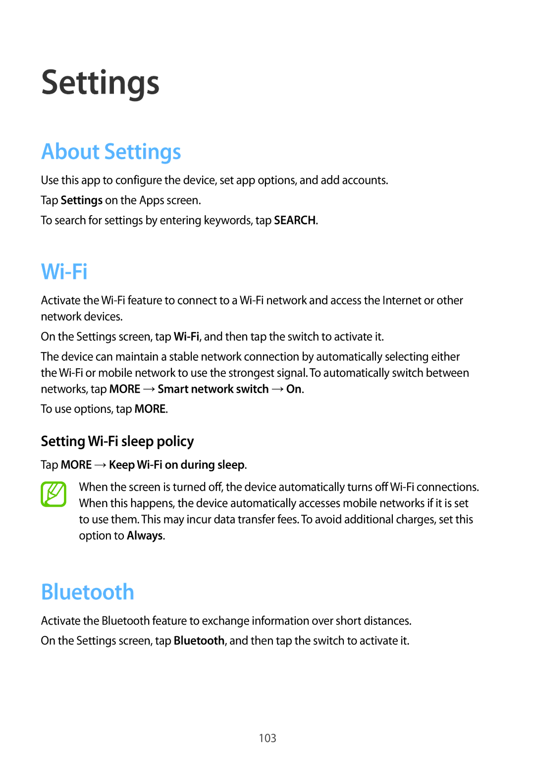 Samsung SM-T355YZWAXXV, SM-T555NZAAKSA manual About Settings, Setting Wi-Fi sleep policy, To use options, tap More 