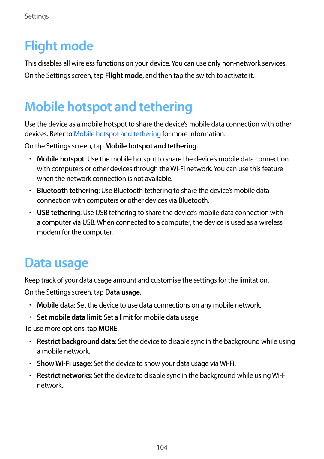 Samsung SM-P555NZWAXXV, SM-T555NZAAKSA Flight mode, Data usage, On the Settings screen, tap Mobile hotspot and tethering 