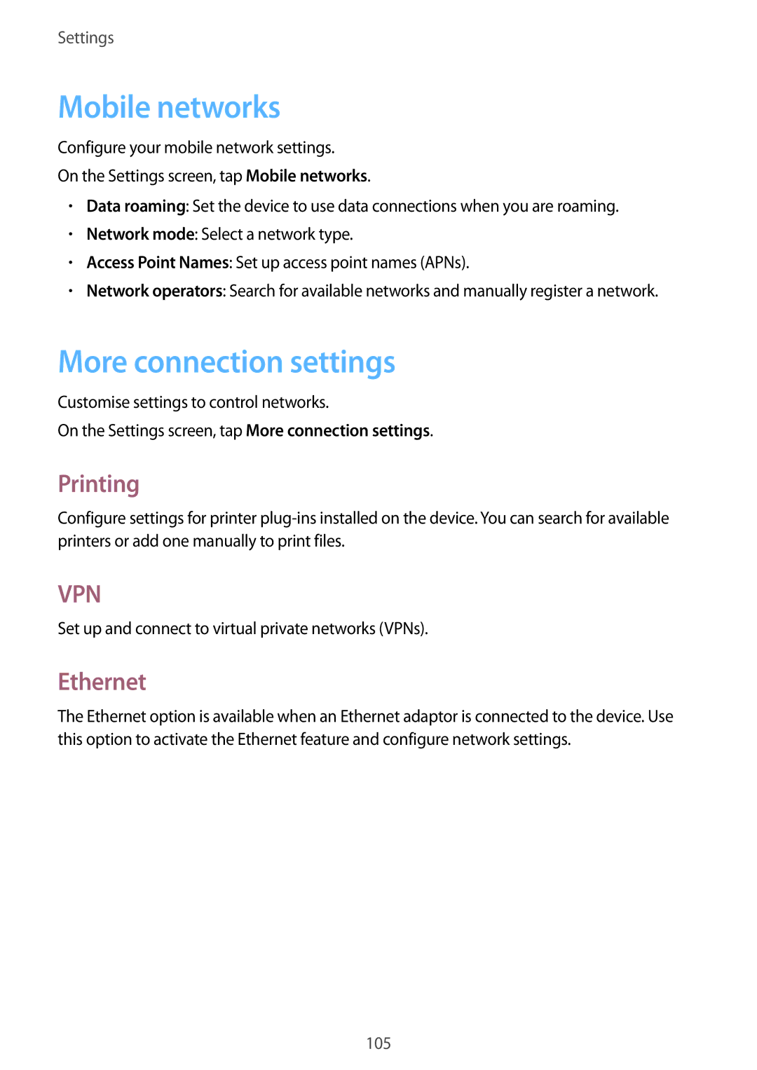 Samsung SM-P555NZAAXXV, SM-T555NZAAKSA, SM-T555NZWAKSA manual Mobile networks, More connection settings, Printing, Ethernet 