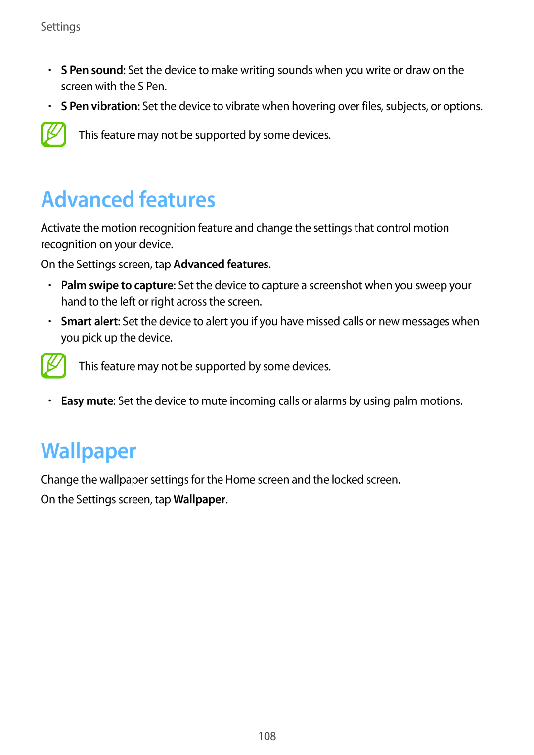 Samsung SM-T555NZAAKSA, SM-T555NZWAKSA, SM-P555NZWAKSA manual Wallpaper, This feature may not be supported by some devices 