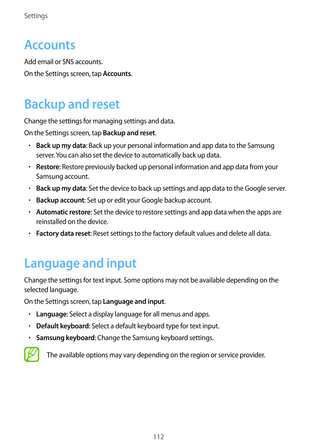 Samsung SM-P555NZBAKSA, SM-T555NZAAKSA, SM-T555NZWAKSA, SM-P555NZWAKSA manual Accounts, Backup and reset, Language and input 